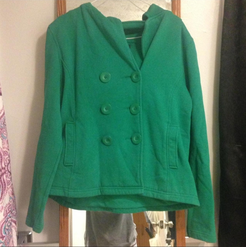 Green peacoat with fur lined hood